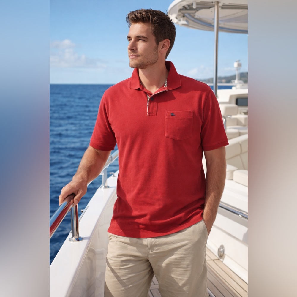 Burberry London Pique Polo Shirt Nova Check Mens Medium Red Short Sleeve Preppy